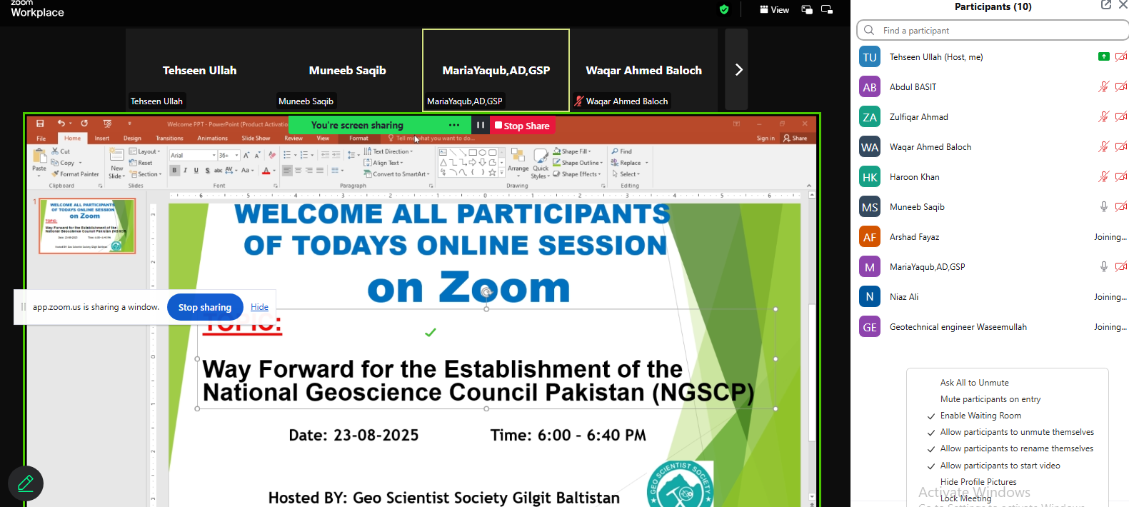 Kickoff Zoom Meeting Meeting for the establishment of Pakistan Geo Science Council on 23 Aug 2025